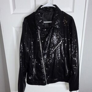 Zara Man Black Sequin Biker Jacket Full Zip Men's Regular Size 42 Short